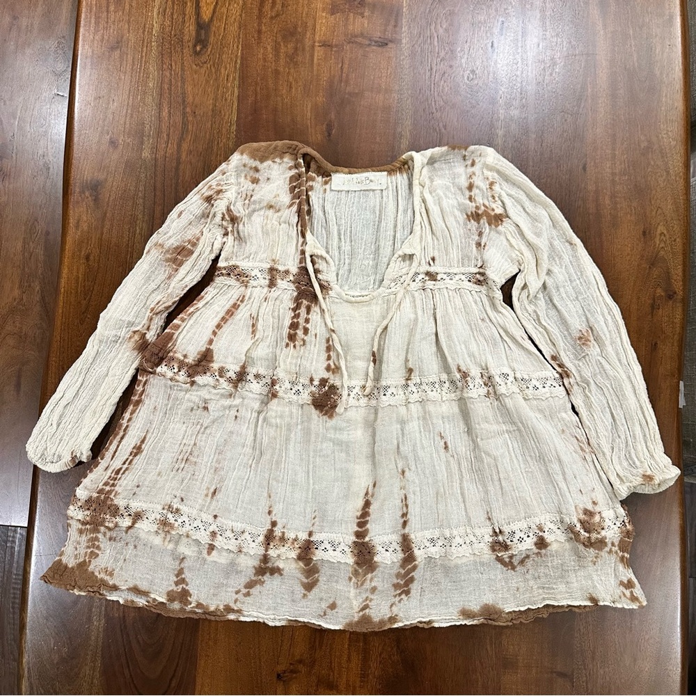 Jen's Pirate Booty Tunic Top Boho Tie Dye Gauze Lace Tiered Brown Cream‎ P/S